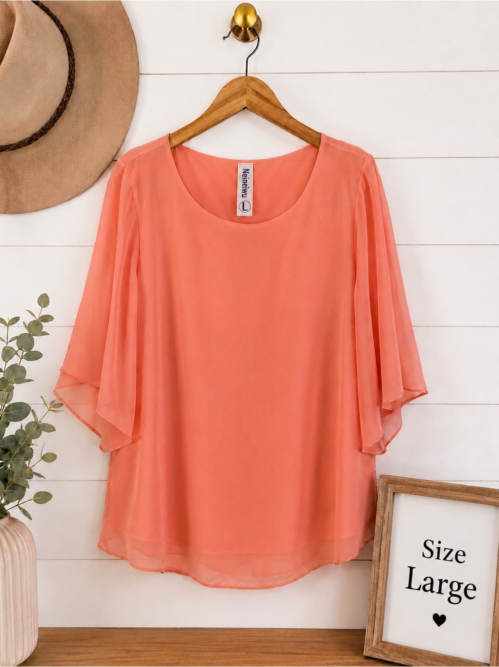 🩷 Neineiwu Coral Chiffon Flutter Sleeve Blouse | Size Large | Elegant Layered To